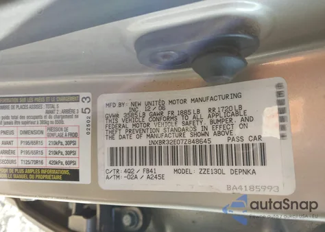 2007 Toyota Corolla Le из США, поврежденный, VIN 1NXBR32E07Z848645